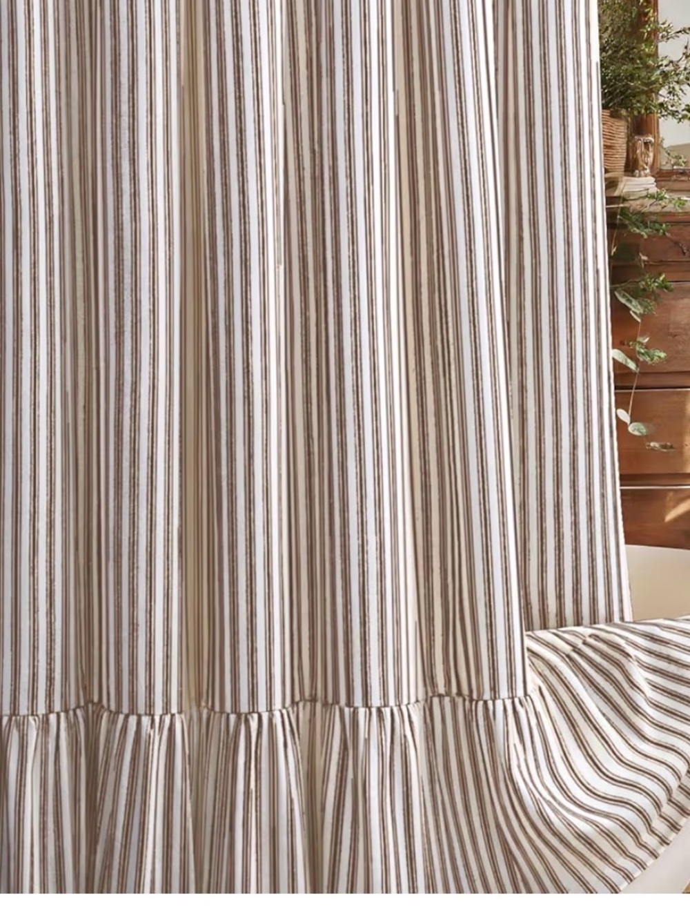 Farmhouse Shower Curtain Ruffle Linen Cream-Brown Stripe 72"W x 84"L